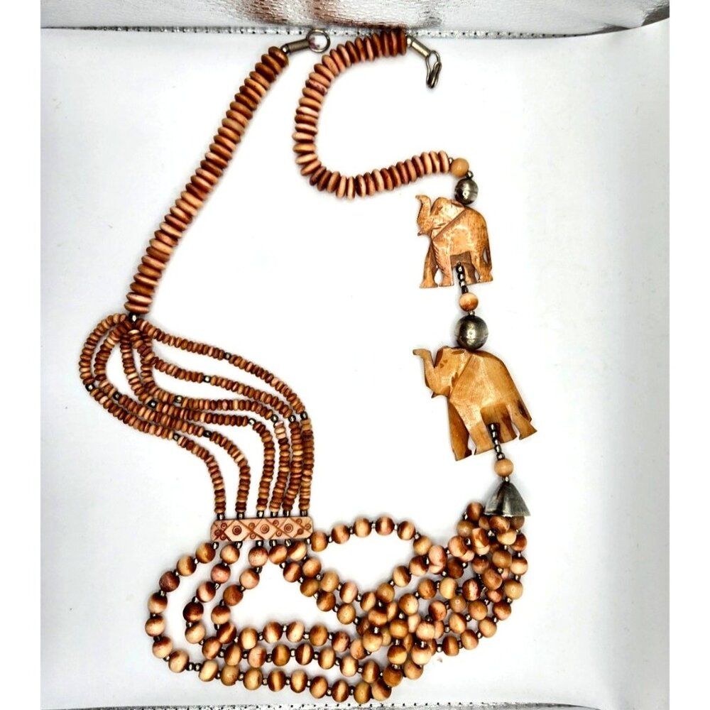 Vintage Tribal Carved Elephant Necklace MultiStrand Beads Bone Boho Statement 34